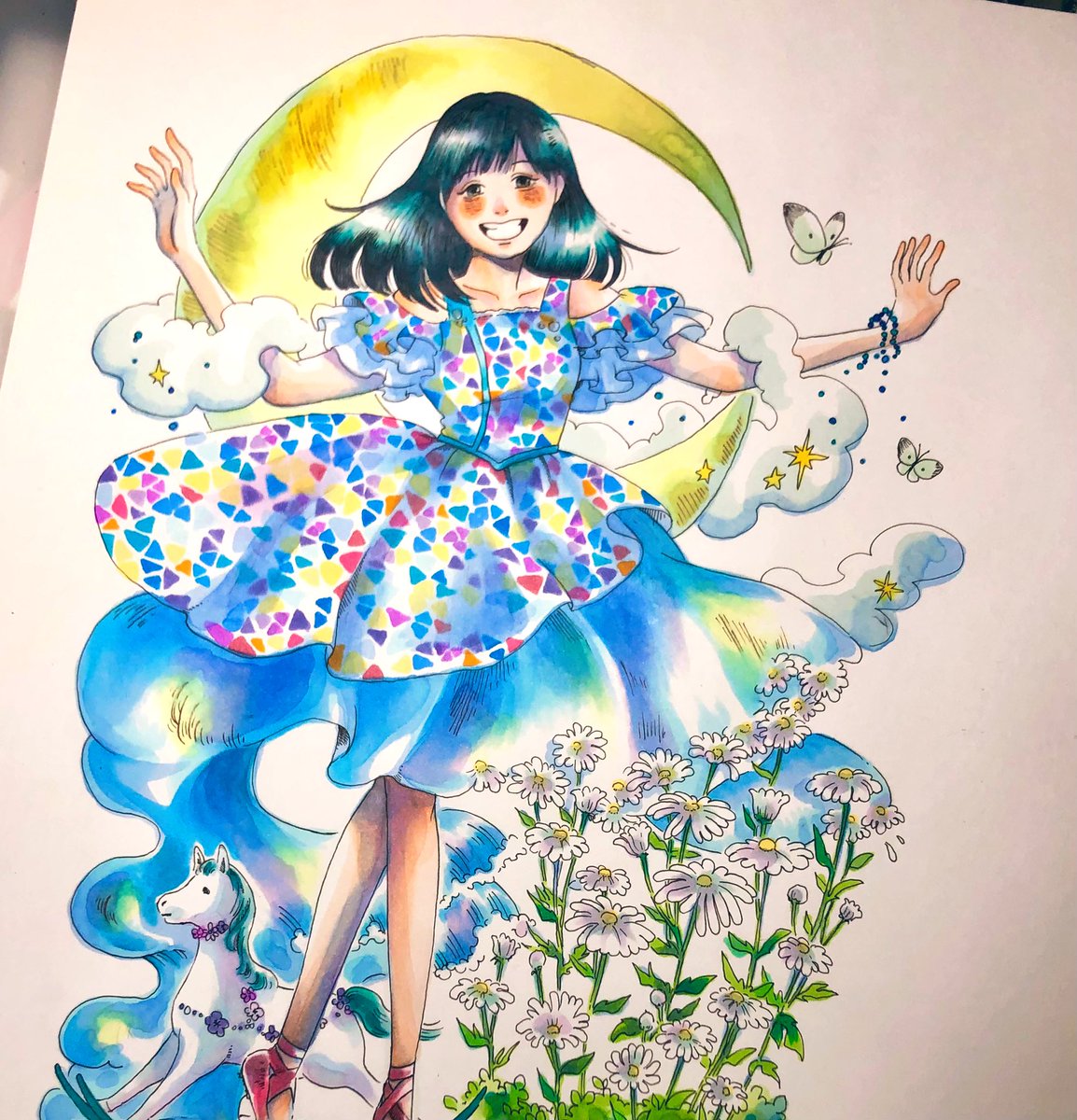 1girl flower dress white flower solo smile crescent moon  illustration images