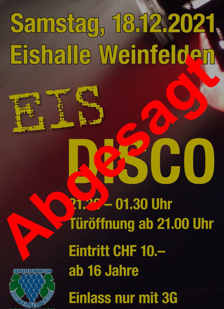 Der SCW-Vorstand hat beschlossen die Eisdisco vom 18. Dezember 2021 abzusagen.

Freuen wir uns auf die "hoffentlich" im März 2022 stattfindende Eisdisco. 🏒🥅🍇

#scweinfelden #scw #eisdisco #eishalleweinfelden #weinfelden