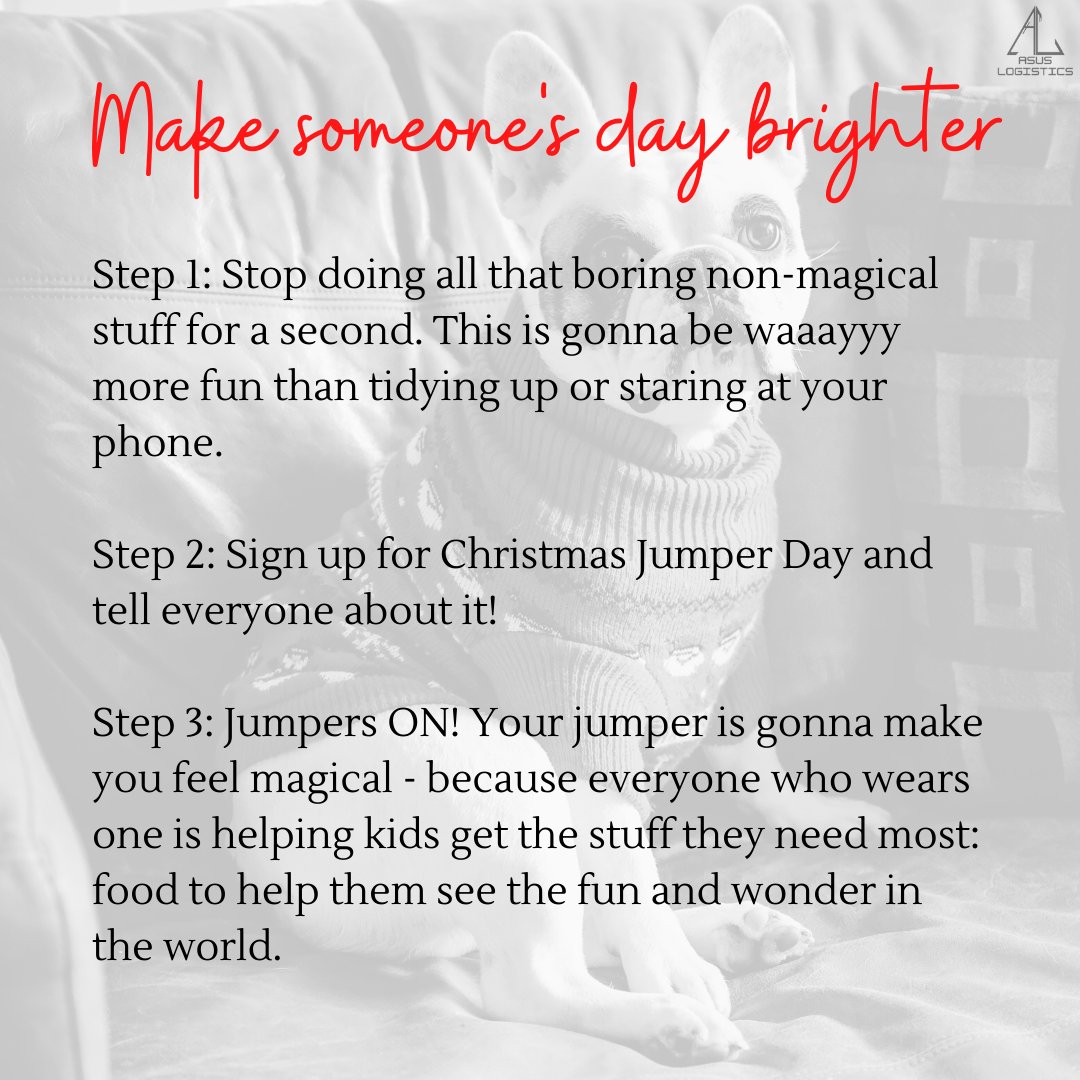 AsusLogistics's tweet photo. It's Christmas jumper day this Friday!! who has signed up and if you haven't yet there is still time to help children have a magical Christmas this year with a Christmas meal.

#ChristmasJumperDay #asuslogistics https://t.co/CVJPZMFV42