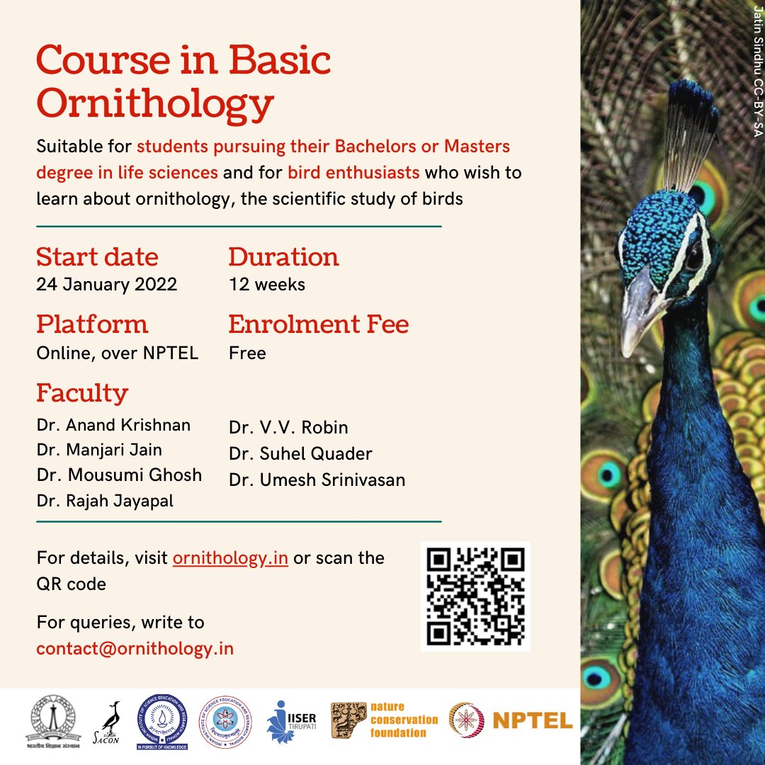 minivets's tweet photo. 📢 Basic Course in Ornithology (NPTEL) https://t.co/GMndEAMWEj

Faculty: Me @IiserMohali Anand @iiserbhopal Suhel, @MoeGhosh @ncfindia Rajah @SACONCoimbatore Umesh @iiscbangalore &amp; @vvrobin @IiserTirupati
+ @ankita_enicurus @jobinvarughese @devicaranade

Register for free; RT https://t.co/7emuHrIcVS