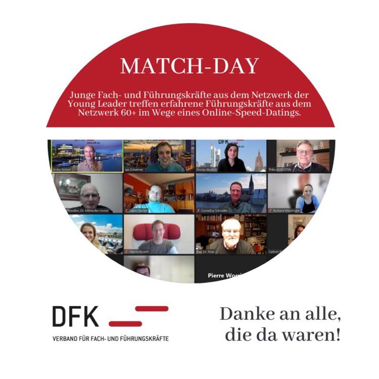 DFK_Verband's tweet photo. Das war ein toller Auftakt für den „MATCH DAY“! Junge Fach- und Führungskräfte hatten am 8.12.2021 die Möglichkeit, sich mit erfahrenen Führungskräften aus dem Netzwerk 60+ im Wege eines Online-Speed-Datings kennenzulernen und zu vernetzen.
#TeamDFK 🤜🤛 https://t.co/q7Ifll03Xr https://t.co/QyIJC0Endu