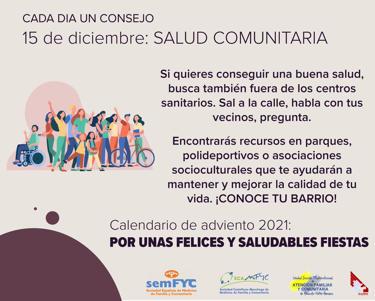 semfyc's tweet photo. Día1️⃣5️⃣.🗓 ADVIENTO 
@semfyc
 
SI QUIERES CONSEGUIR UNA BUENA SALUD, BUSCA TAMBIÉN FUERA DE LOS CENTROS SANITARIOS. SAL A LA CALLE, HABLA CON TUS VECINOS, PREGUNTA.
¡CONOCE TU BARRIO!
 
🎅🏻🎄Por unas felices y saludables fiestas ⛄️☃️

https://t.co/qzZ1PBkqpv

#Felicesfiestas https://t.co/aPHkhzNBNf