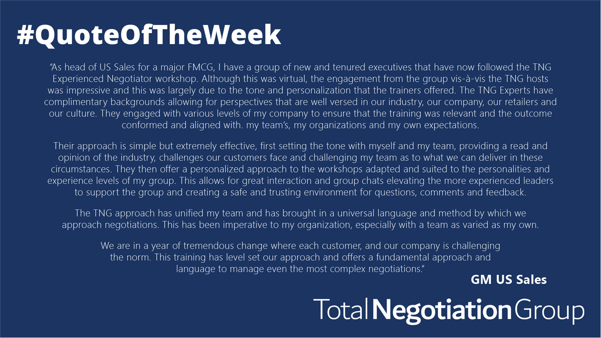Tot_Negotiation's tweet photo. This week's incredible testimonial comes from the GM US Sales following our Experience Negotiator programme! 
Please email us at info@totalnegotiation.com to find out we can support you!
#TotalNegotiation #Negotiation #Global #VirtuallyBrilliant #SupplierPartner #QuoteOfTheWeek https://t.co/PRBdIxm4R4
