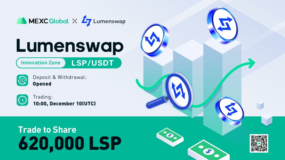 MEXC will list $LSP @lumenswap in the Innovation Zone under LSP/USDT trading pair. ✅Deposit & Withdrawal: Opened ✅Trading: 10:00 Dec 10 (UTC) 🏆Launching the $LSP Trading Competition - Up to 620,000 $LSP for grabs! Details: bit.ly/3EUziAY #Lumenswap #MEXCGlobal
