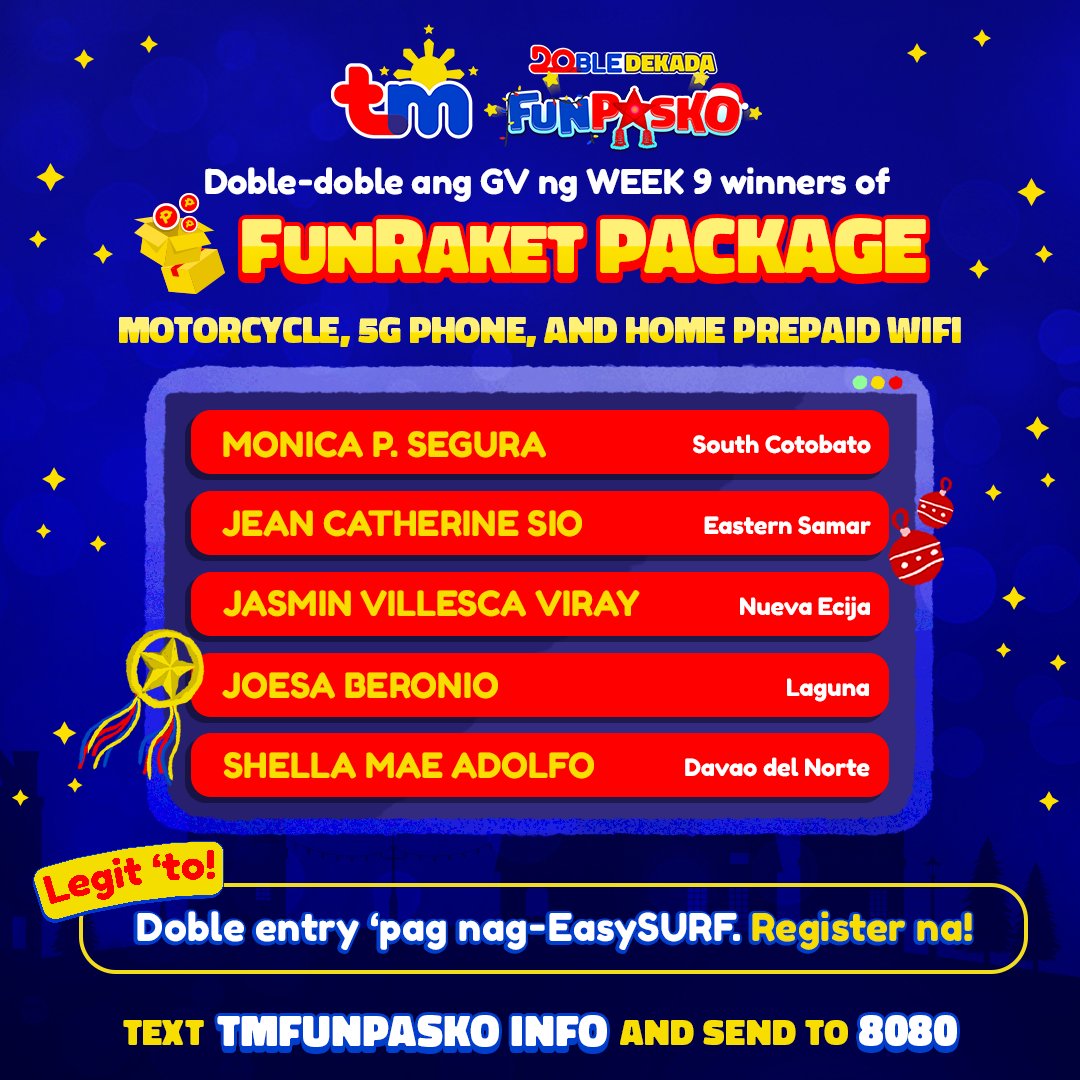 tmtambayan's tweet photo. FUNalong-FUNalo ang ating WEEK 9 winners ngayong #TMFunpasko dahil meron kayong Negosyo Package mula sa amin! ❤ Congraaats!

Sali na sa pa-raffle, mga bes! Chance mo na 'to manalo bago matapos ang taon. 😉 https://t.co/BlDAkUWWlG https://t.co/KVgmCIe8vp