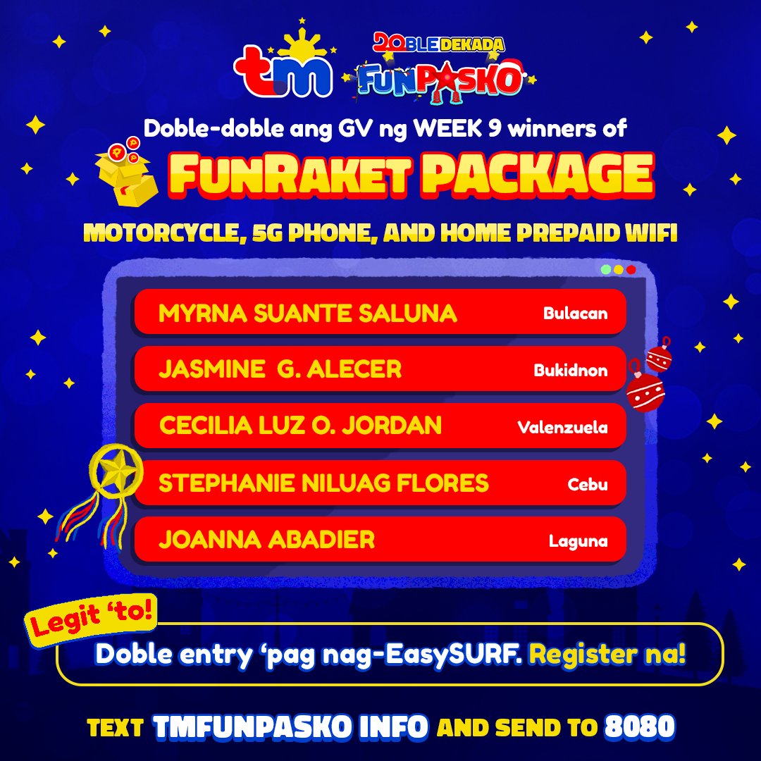 tmtambayan's tweet photo. FUNalong-FUNalo ang ating WEEK 9 winners ngayong #TMFunpasko dahil meron kayong Negosyo Package mula sa amin! ❤ Congraaats!

Sali na sa pa-raffle, mga bes! Chance mo na 'to manalo bago matapos ang taon. 😉 https://t.co/BlDAkUWWlG https://t.co/KVgmCIe8vp
