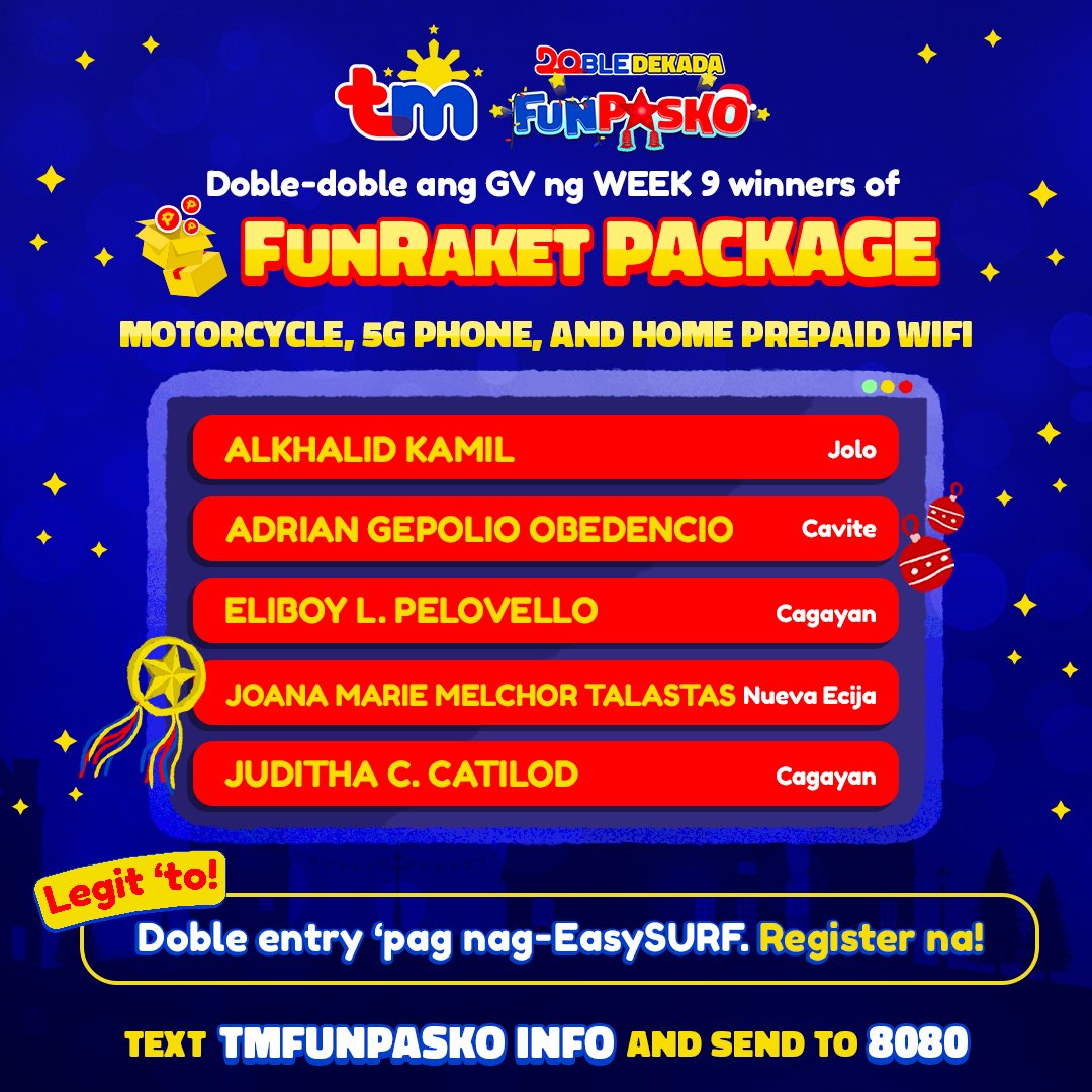 tmtambayan's tweet photo. FUNalong-FUNalo ang ating WEEK 9 winners ngayong #TMFunpasko dahil meron kayong Negosyo Package mula sa amin! ❤ Congraaats!

Sali na sa pa-raffle, mga bes! Chance mo na 'to manalo bago matapos ang taon. 😉 https://t.co/BlDAkUWWlG https://t.co/KVgmCIe8vp