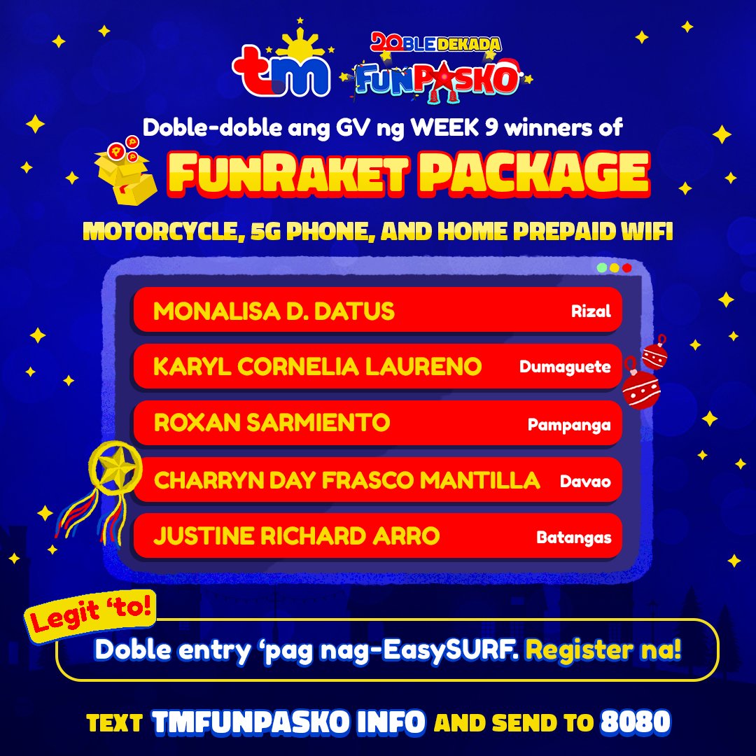 tmtambayan's tweet photo. FUNalong-FUNalo ang ating WEEK 9 winners ngayong #TMFunpasko dahil meron kayong Negosyo Package mula sa amin! ❤ Congraaats!

Sali na sa pa-raffle, mga bes! Chance mo na 'to manalo bago matapos ang taon. 😉 https://t.co/BlDAkUWWlG https://t.co/KVgmCIe8vp