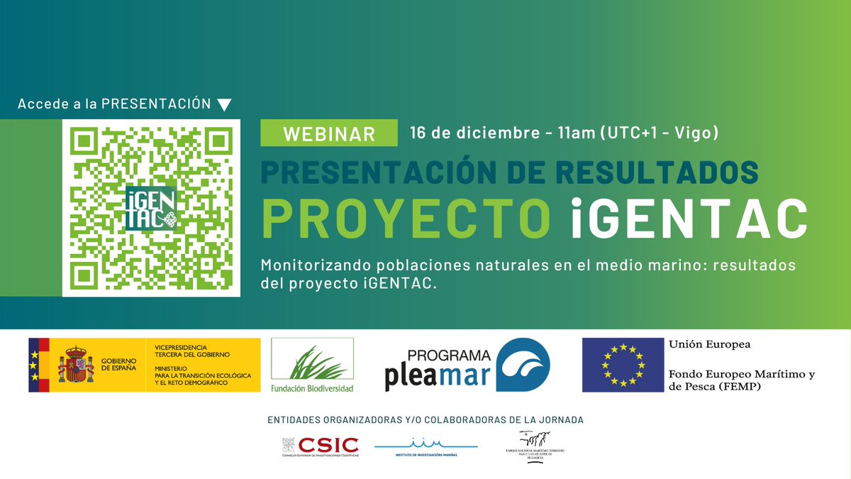 IIM_CSIC's tweet photo. 🌊Los proyectos #PLEAMAR (@FBiodiversidad #FEMP) del IIM llegan a su fin. Para compartir sus resultados, para la semana tendremos 2 seminarios:  

15.12 | 09.30h |🌍 @ProyectoGEOCAP y @sicaptor
16.12 | 11h | 🔊 #iGENTAC (@FisheriesIIM) https://t.co/vwjHGgtqeT