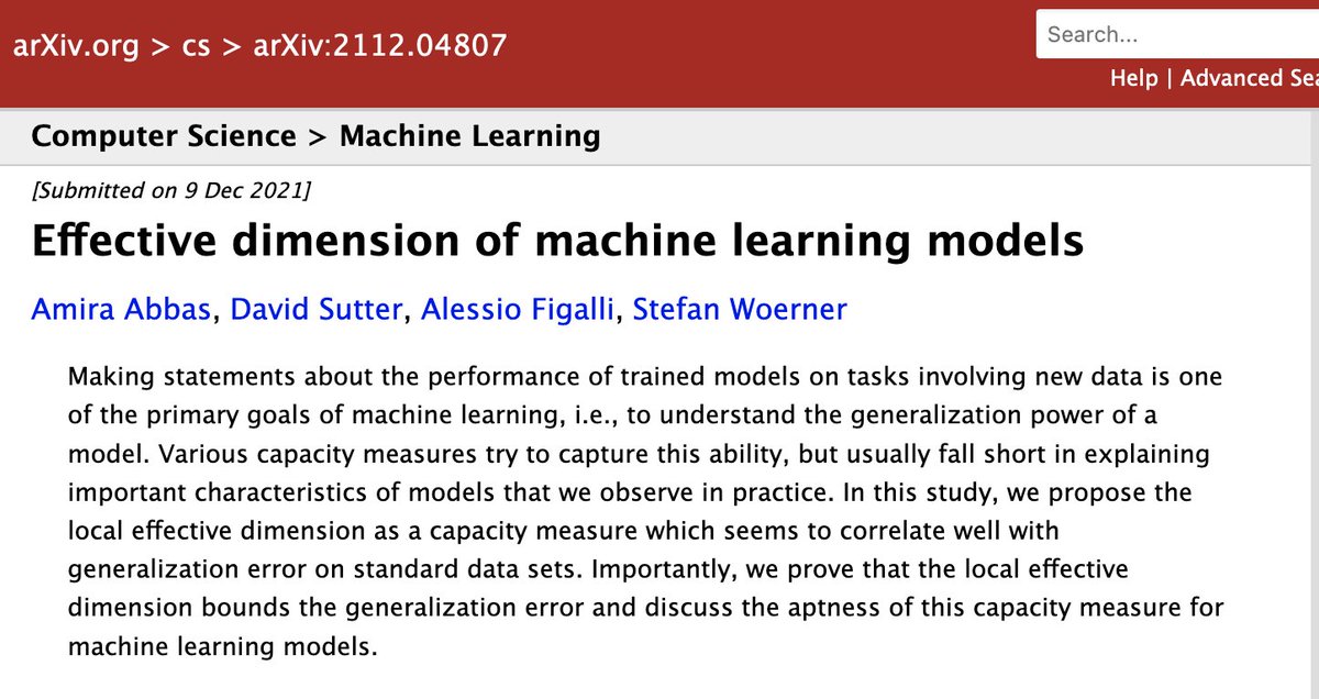 Amira Abbas (@amiramorphism) on Twitter photo New arXiv paper out! Purely classical machine learning :) in collaboration with <a href="/quantum_sutter/">David Sutter</a> <a href="/AFigalli/">Alessio Figalli</a> and Stefan Woerner. We define and motivate a measure of capacity for ML models: the local effective dimension. We show how this quantity bounds generalization error 1/3 New arXiv paper out! Purely classical machine learning :) in collaboration with <a href="/quantum_sutter/">David Sutter</a> <a href="/AFigalli/">Alessio Figalli</a> and Stefan Woerner. We define and motivate a measure of capacity for ML models: the local effective dimension. We show how this quantity bounds generalization error 1/3
