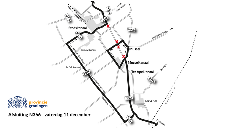 Zaterdag 11 december is de N366 tussen Stadskanaal en Musselkanaal dicht tussen 7.00 en 17.00. De provincie laat dan asfaltonderzoek uitvoeren voor groot onderhoud in 2022. Meer weten? Kijk op de website van de provincie: bit.ly/3DQjo9P