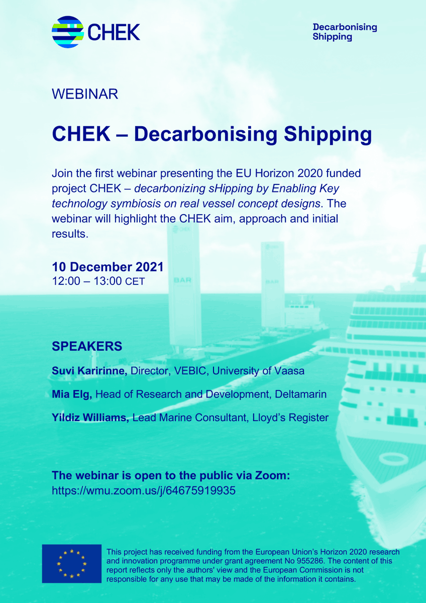 YildizW_LR's tweet photo. @LR_Marine Join me and our partners on first webinar on the EU #Horizon2020 funded project CHEK – #decarbonizing #sHipping by Enabling Key technology symbiosis on real vessel concept designs. The webinar is open to all &amp; will highlight the CHEK aim, approach &amp; initial results. https://t.co/HsdeRnc7oc