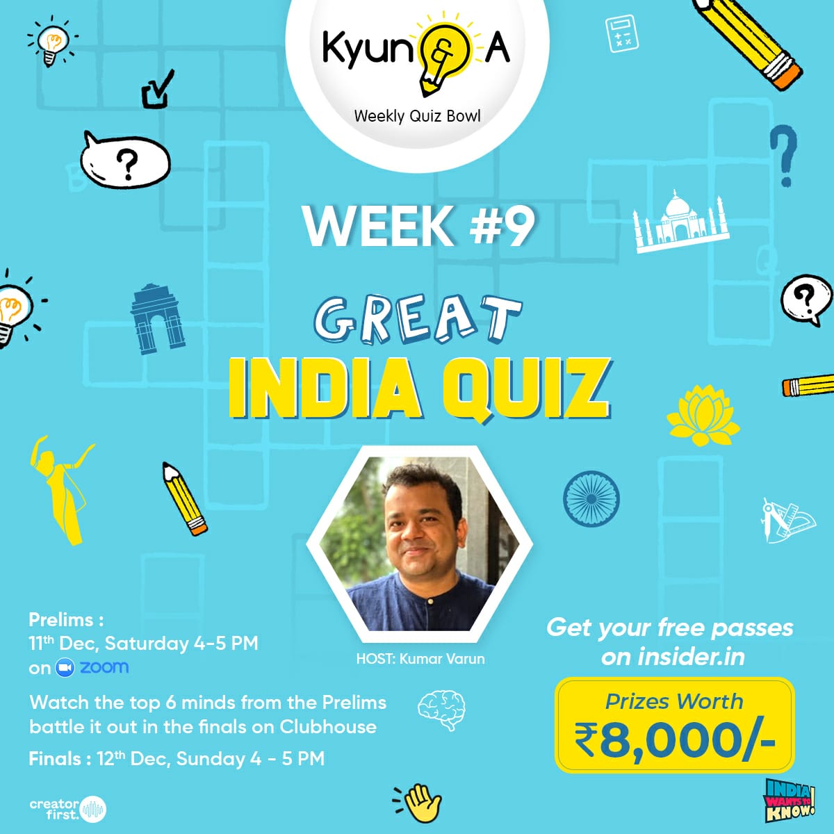 All Things Small (@atsdotin) on Twitter photo Week 9⣠<a href="/KyunAndAQuiz/">Kyun and A</a>: Great š®š³ Quiz
Prelims: 11th Dec, Saturday 4p on Zoom
Finals: 12th Dec, Sunday 4p with @RandomVarun hosting on <a href="/Clubhouse/">Clubhouse</a>
<a href="/IWTKQuiz/">India Wants To Know: India's First Panel Quiz Show</a> <a href="/gobeatroute/">BeatRoute</a>
For details & free tickets:
insider.in/kyuna-9-great-⦠Week 9⣠<a href="/KyunAndAQuiz/">Kyun and A</a>: Great š®š³ Quiz
Prelims: 11th Dec, Saturday 4p on Zoom
Finals: 12th Dec, Sunday 4p with @RandomVarun hosting on <a href="/Clubhouse/">Clubhouse</a>
<a href="/IWTKQuiz/">India Wants To Know: India's First Panel Quiz Show</a> <a href="/gobeatroute/">BeatRoute</a>
For details & free tickets:
insider.in/kyuna-9-great-ā¦