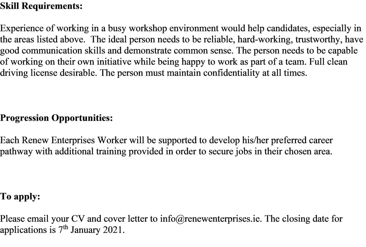 *WE ARE HIRING*

Renew is looking for a new workshop operative in our growing #socialenterprise! As an equal opportunities employer, those with criminal convictions or from marginalised backgrounds are welcome to apply. Please find job specs below!

<a href="/pobal/">Pobal</a> <a href="/JustSocEnt/">Siobhan Cafferty</a>