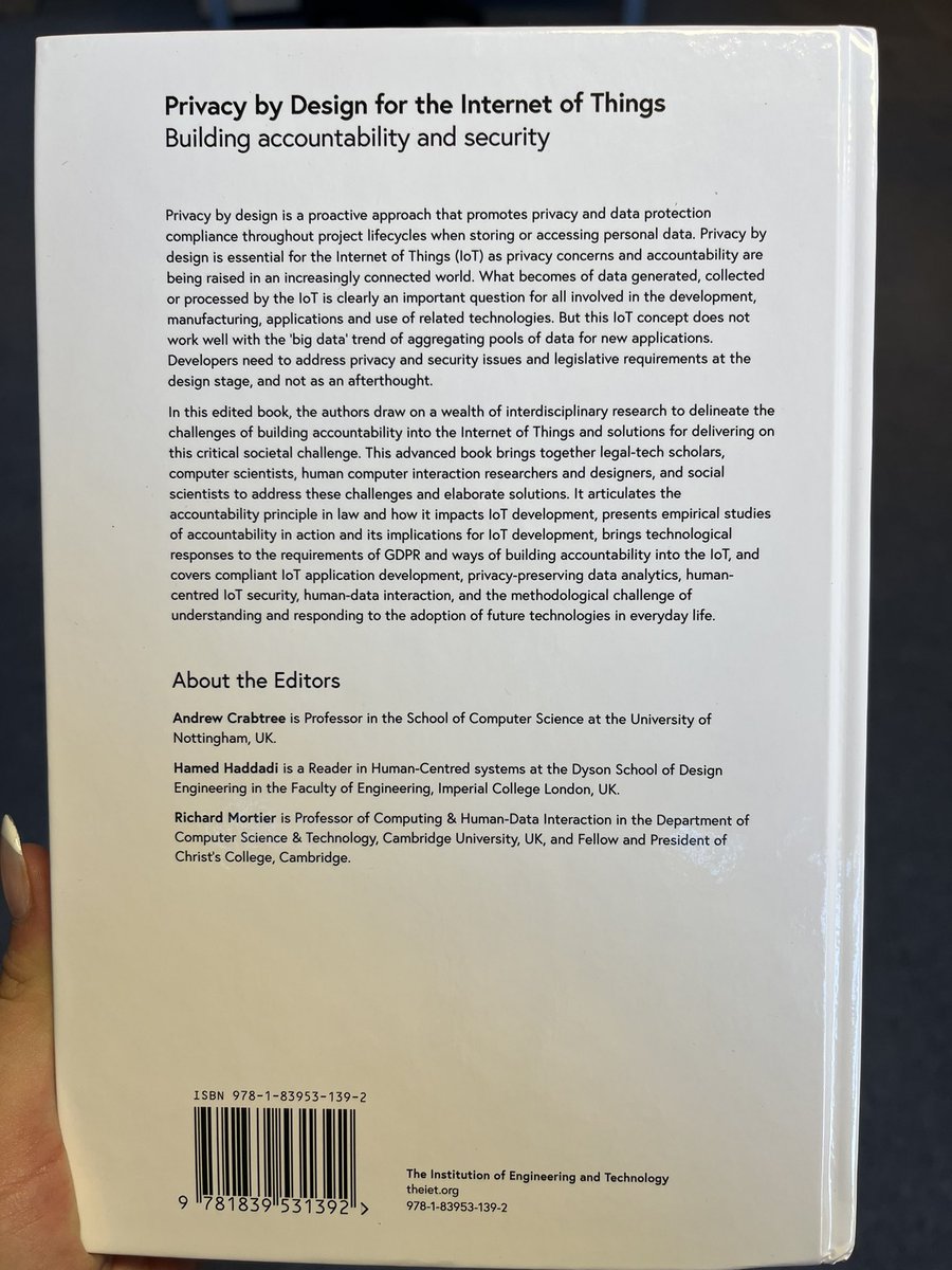 kilic_dmla's tweet photo. What a wonderful way to start Friday morning! The hard copy of our book on “ Privacy by Design for the Internet of Things Building accountability and security” was delivered. Thanks to editors + co-authors! @murraygoulden @_andy_crabtree @realhamed @mort___ https://t.co/yC2B9iGuwn
