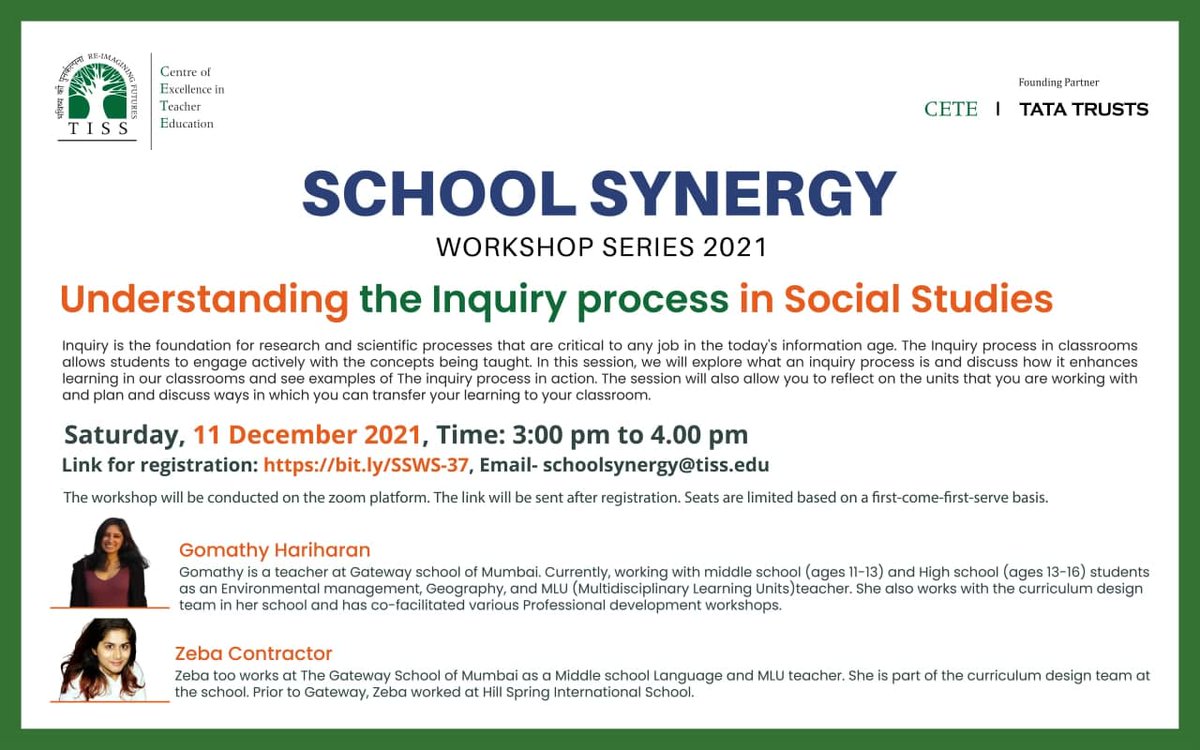 cete_tiss's tweet photo. Hello #Teachers ! Are you ready for another exciting
#schoolsynergy session with us @TISSpeak?
Register here https://t.co/g71zcscl9O
#TISS #SocialStudies #InquiryProcess https://t.co/TIKCrR4NAs