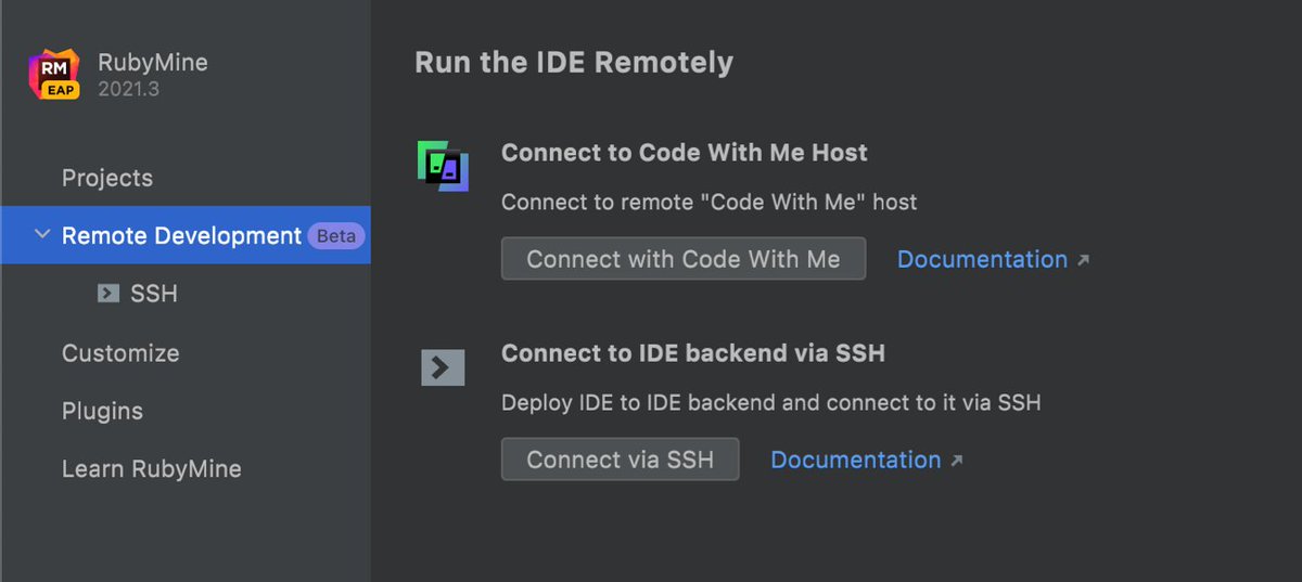 rubymine's tweet photo. #NewInRubyMine 2021.3:
💻↔️🖥️ Support for remote development workflows.
You can now connect to a remote machine with an IDE backend running and work on a project located there as if it were on your local one.
 
Learn more: https://t.co/r0c5pXrQ1U https://t.co/A7lnSE2Jxo