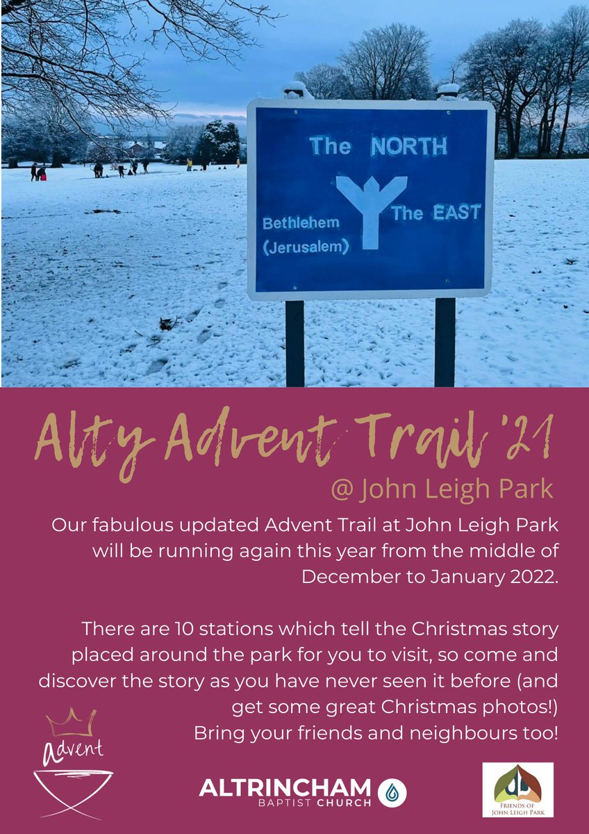 The Alty Advent Trail will be up and ready for you to visit from tomorrow afternoon (Saturday the 11th December). We look forward to seeing you there (bring your friends, family and neighbours too!) @ John Leigh Park