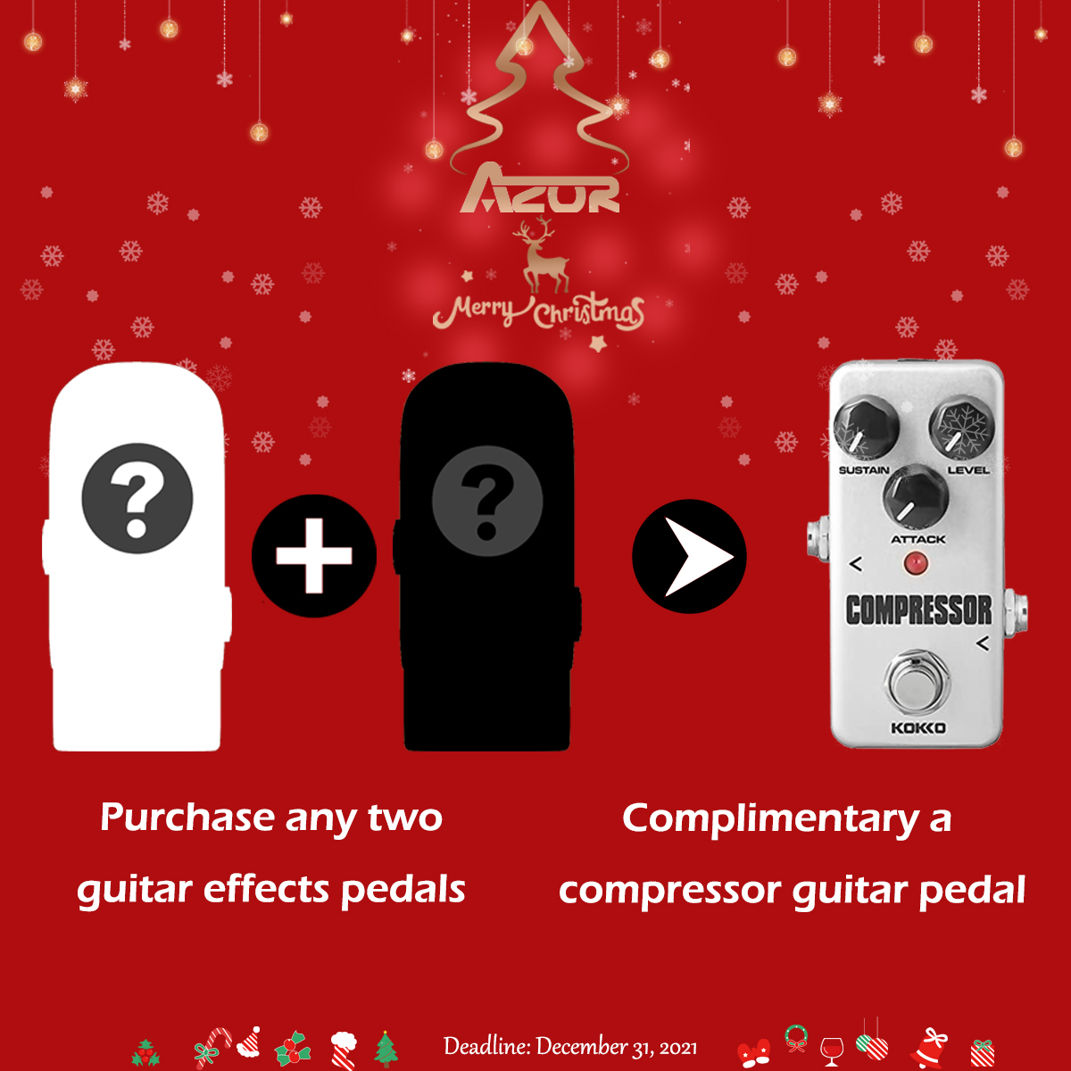 Anyone who buys any two guitar effects pedals at AZOR stores will get an extra🎁 compressor guitar pedal until December 31. 
You need to add the gifted effects in the AZOR store by yourself.
Our store link：amazon.com/azor
Limited quantity, first come, first served! 🔥🔥