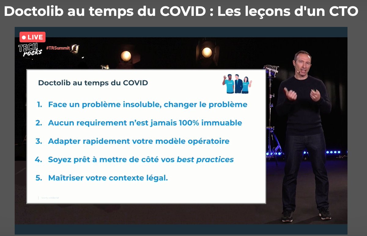 Résumé des apprentissages de la situation exceptionnelle qu'ont vécus les teams tech de <a href="/doctolib/">Doctolib</a> pendant le Covid.
 #TRSummit <a href="/TechRocksFr/">Tech.Rocks</a>