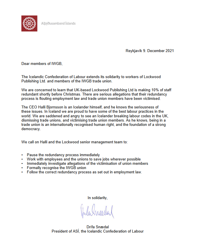 IWGB_GW's tweet photo. A massive thank you to the Icelandic Confederation of Labour for their letter of support for the @LockwoodLKWD workers facing unlawful redundancy.

Iceland has some of the strongest labour laws in the world, making @hallibjornsson's actions even more shameful.

#lockwoodlockout https://t.co/NrBWgAZ9jS