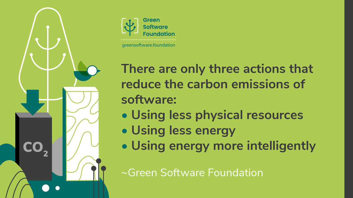 gsfcommunity's tweet image. There are only 3 actions that reduce carbon emissions of software:
-Using less physical resources
-Using less energy
-Using energy more intelligently
~Green Software Foundation
Read What is #GreenSoftware?
bit.ly/3Eo6qQZ #SoftwareCarbonIntensity #SCI