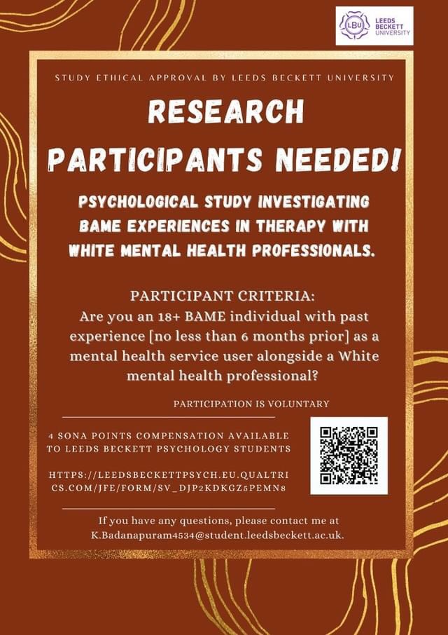Hi! For my Psychology dissertation, I’m doing research on ethnic minority (BAME) therapeutic experiences (e.g. in any mental health setting) with a White mental health professional! 
If you’re interested here is the link:  leedsbeckettpsych.eu.qualtrics.com/jfe/form/SV_dj…
Would really appreciate retweets!