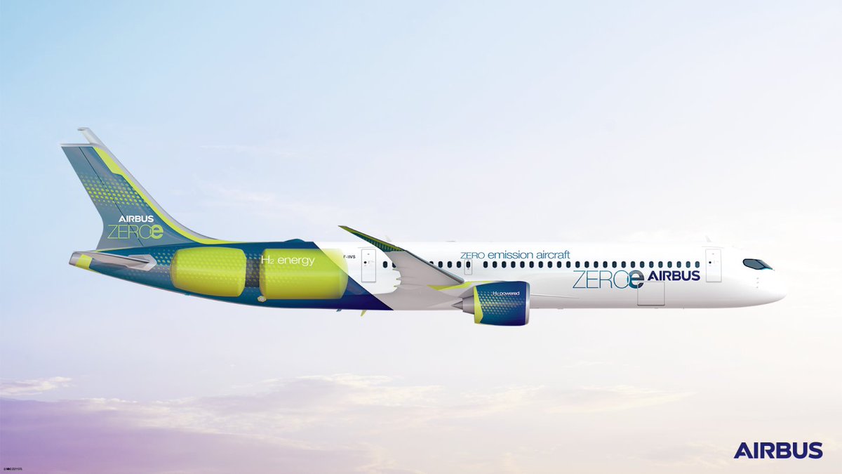 Airbus's tweet image. Zero emission flights are possible if we're able to transport liquid hydrogen! This is what our new Zero-Emission Development Centre in Spain will work on to develop the first #ZEROe aircraft by 2035. fly.airbus.com/3lN9M9x