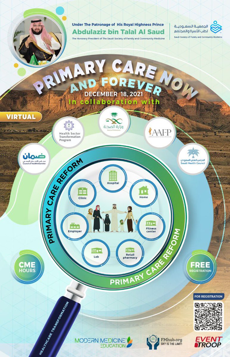 SSFCM_org's tweet photo. Under The Patronage of HRH Prince Abdulaziz bin Talal Al Saud @AAzizTalal
And as per our new #SSFCM strategy, we are honored to invite you to our International Conference
"Primary Care Now and Forever"
In partnership with HSTP
And
In collaboration with @AAFP https://t.co/64oNYiFGbz