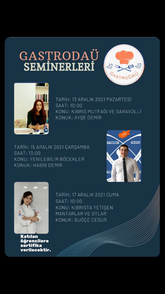 13-17 Aralık tarihleri arasında değerli konuklarımızın verecek olduğu seminere herkesi bekliyoruz. 
Katılımcılara sertifika verilecektir.
📍TH108