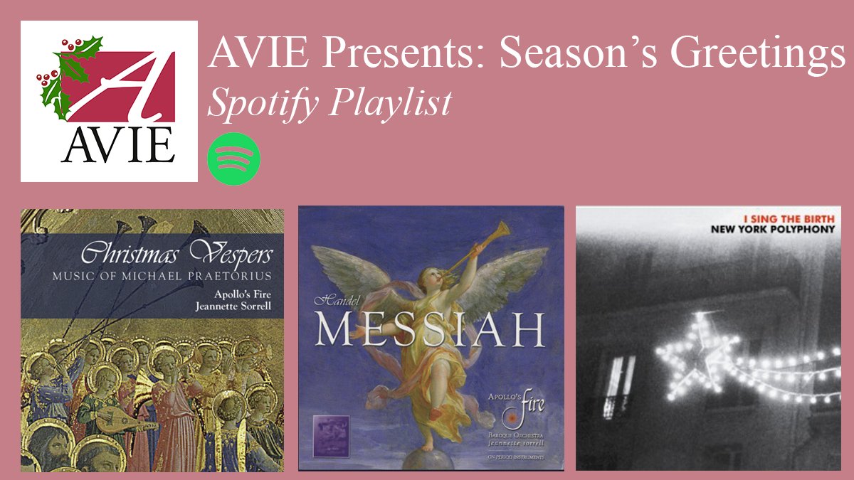 Enjoy traditional seasonal sounds from our artists with AVIE Presents: Season's Greetings, available for streaming on Spotify! Enjoy the sounds of <a href="/Apollos_Fire/">Apollo's Fire</a>, @Queenschoir, <a href="/nypolyphony/">New York Polyphony</a>, and many more at your gatherings over the coming weeks. spoti.fi/3d18D9H. 🎄
