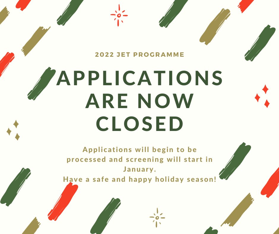 And that's it! Applications for the 2022 Irish JET Programme are now CLOSED.
Thank you to everyone who applied to the Programme. Until our next updates, stay safe, healthy and have a wonderful holiday season!
#jetapplication #jetprogrammeireland #jetprogramme2022 #jetprogramme