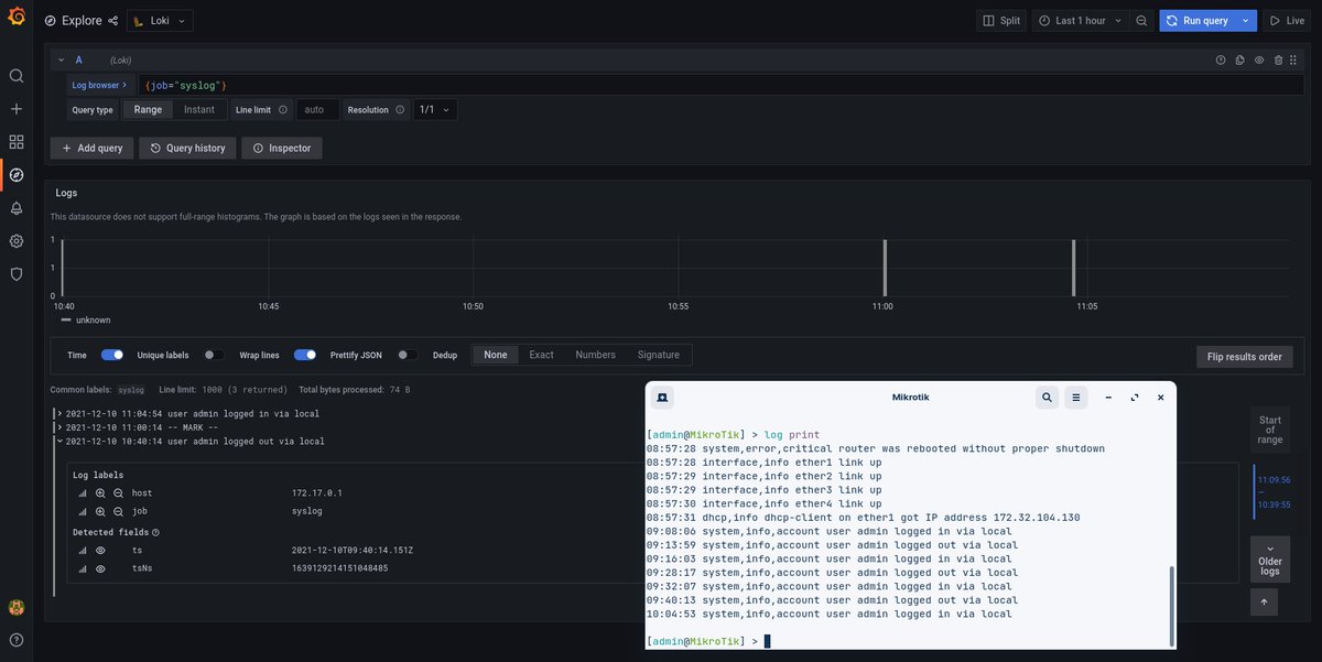 jefVantongerloo's tweet photo. Experimenting with Docker #Loki setup. Collect and push #MikroTik switch logs to Loki, displayed by Grafana. Really powerful for collecting logs and alerting.

MikroTik remote output -> syslog-ng -> promtail -> Loki <- Grafana

Next up configuring labels for easy filtering 🔥 https://t.co/MFKGGuxw2K