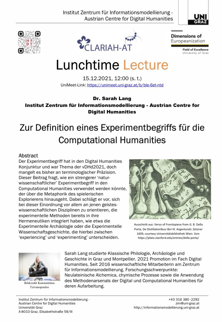 SarahALang_'s tweet photo. 🥳 I will be talking about the fascinating topic of #experiment in #DH (theme of #vDHd2021) at 

📅 @DH_Graz‘ #LunchtimeLecture
Next Wednesday December 15th 2021 🎄
At 12/noon CET!

Lecture in German: „Zur Definition eines Experimentbegriffs für die Computational Humanities“ https://t.co/8D1tMDbbXi