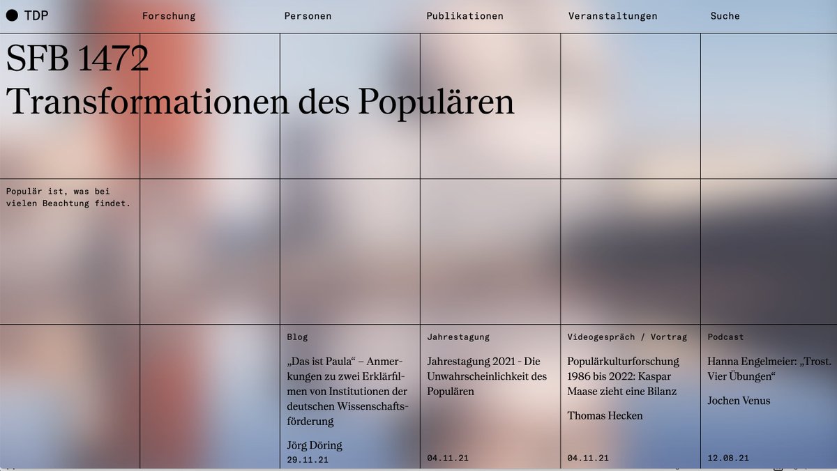sfb1472's tweet photo. Schaut Euch das an! Unsere neue Website ist live! 
https://t.co/6OwbIja2gk
Shout-Out to @MSchories und @luca , unserer Kommunikationsdesignerin und unserem Scientific Programmer! 
#SFB1472 #TransformationenDesPopulären https://t.co/M4onyc9MAM