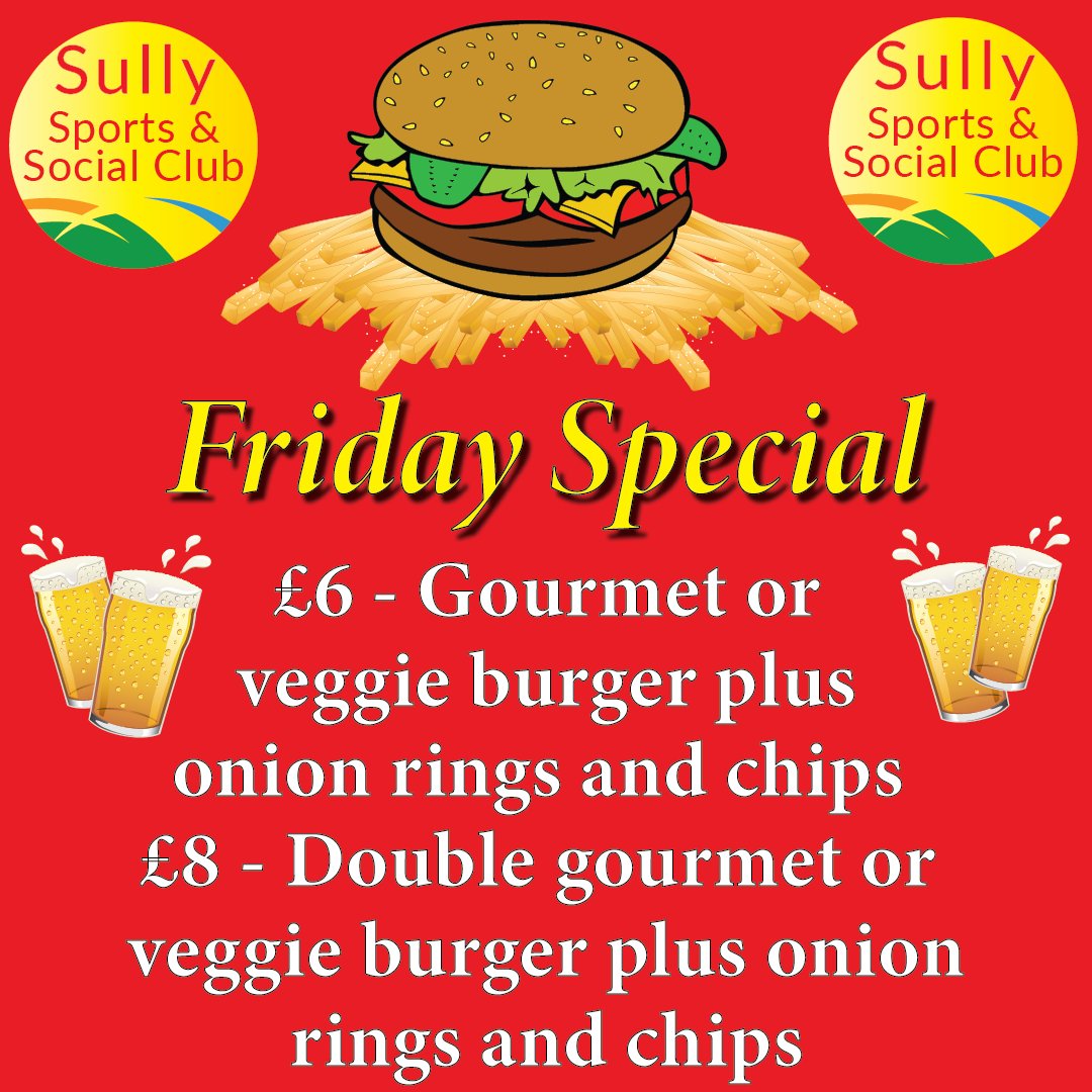 SullyClub's tweet image. SPECIAL OFFER - BURGERS GALORE TONIGHT (December 10).

£6 - Gourmet or veggie burger plus onion rings and chips 
£8 - Double gourmet or veggie burger plus onion rings and chips.