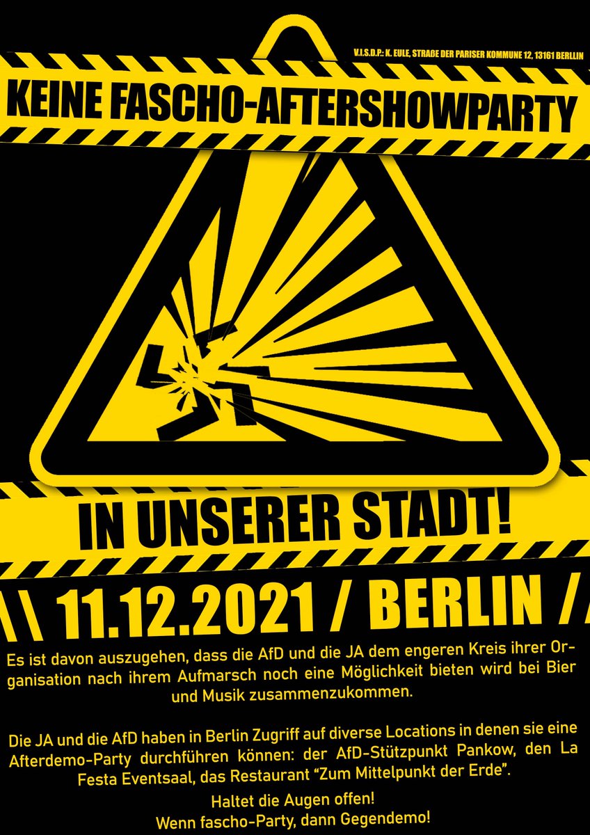 ⚠️Keine Fascho-Aftershowparty

▪️Im Nachhinein sammeln Rechte sich in Locations oder sind in Autos unterwegs. Werdet aktiv!

▪️Wenn #AfD&amp;Co sich in ihren Stammlocations treffen: Gegenprotest! Augen auf!

AfD-Treffpunkte:
➡️noafd.info
➡️antifa-berlin.info/kein-raum-der-…

#B1112
