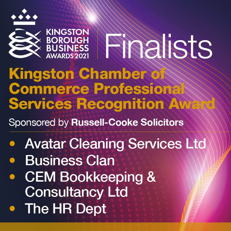 The finalists for the KBBA <a href="/KingstonCOC/">Kingston Chamber</a> Professional Services Recognition Award, sponsored by @russellcooke are:
Avatar Cleaning Services Ltd, <a href="/BusinessClan/">Business Clan</a>, CEM Bookkeeping &amp; Consultancy Ltd and <a href="/sandra_porterHR/">Sandra Porter</a>