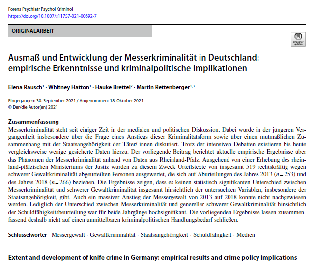 Gerade ist eine Studie unserer Arbeitsgruppe zur sog. Messerkriminalität in Deutschland erschienen - bei Interesse freier Download hier möglich:
link.springer.com/article/10.100…