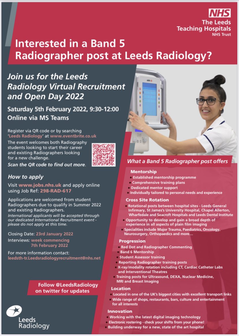 LeedsRadiology's tweet photo. 🚨Band 5 Radiographer posts live NOW @NHS_Jobs🚨

Posts are suitable for student Radiographers qualifying in Summer ‘22 &amp; qualified Radiographers looking for a new challenge.

Don’t forget to register your place at our Recruitment Event to find out more..
@SCoRMembers https://t.co/lN5Pl9CyKG