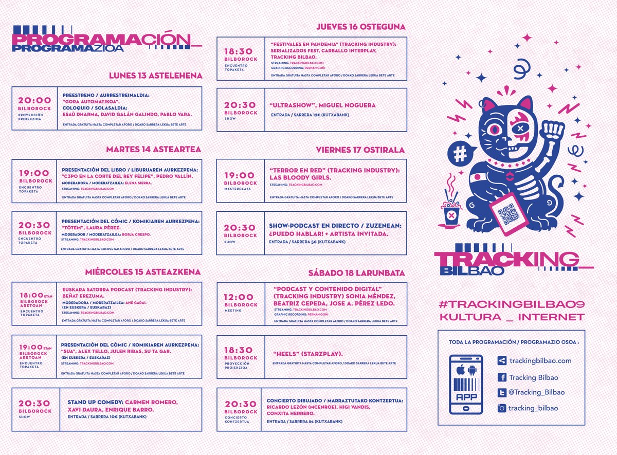 Tracking_Bilbao's tweet photo. Aquí os dejamos el tríptico que está inundando las calles de Neo-Bilbao con toda la programación de #TrackingBilbao9!!!
A partir del lunes 13 os esperamos en @Bilborockbilbao!!!
Toda la info también aquí: https://t.co/r2lrCnKjJA
#TrackingBilbao9 #TrackingIsComing https://t.co/dv2ajHdcA2