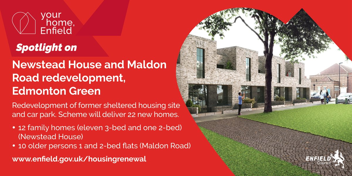 Spotlight: Newstead House and Maldon Road, Edmonton Green.

A redevelopment of a former sheltered housing site to deliver 22 new homes.

12 family homes (11 x 3-bed and one 2-bed (Newstead House)

10 older persons 1 and 2 bed flats (Maldon Road)

new.enfield.gov.uk/services/housi… #housing
