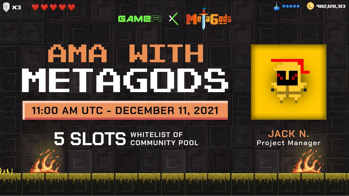GameFi_Official's tweet photo. 📅Mark your calendar! Don't miss @PlayMetaGods AMA

⏲️Time: 11:00 am UTC, Dec 11
💰Reward: 5 slots in community pool

Rules:
▪️ Follow @GameFi_Official &amp; @PlayMetaGods
▪️ Like &amp; Retweet &amp; drop ONE question  
▪️ Join https://t.co/VcoCPMaWS0

#GameFi_IGO $GAFI $MGOD https://t.co/Gb9AKUMXgZ