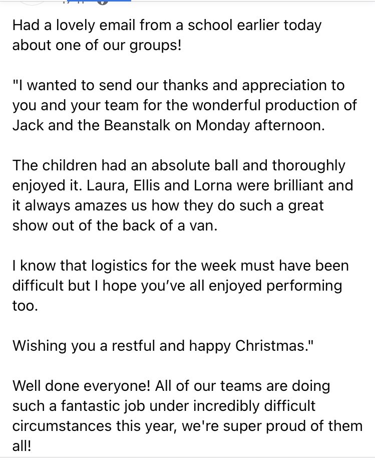 lornapanton's tweet photo. We got a lovely message from a school we performed at this week! Feeling proud of our team and the panto 🎉 https://t.co/B1b9Tzvdhz