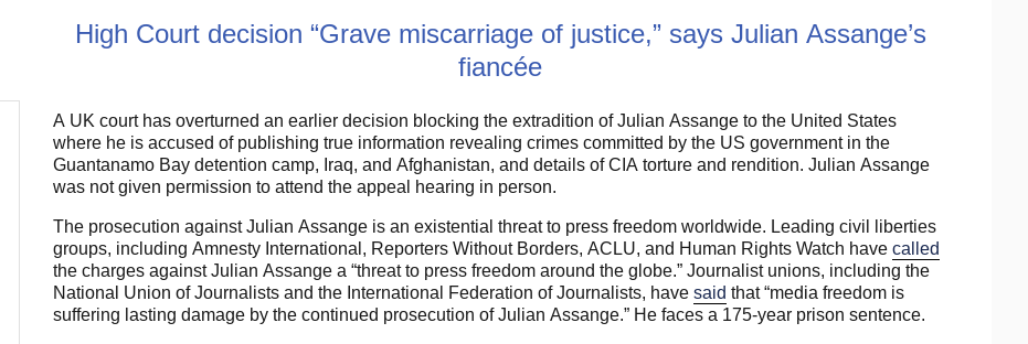 High Court decision “Grave miscarriage of justice,” says Julian Assange’s fiancée after a UK court overturned an earlier decision blocking the extradition of Julian Assange to the United States #FreeAssangeNOW #AssangeCase
Link: defend.wikileaks.org/2021/12/10/hig…