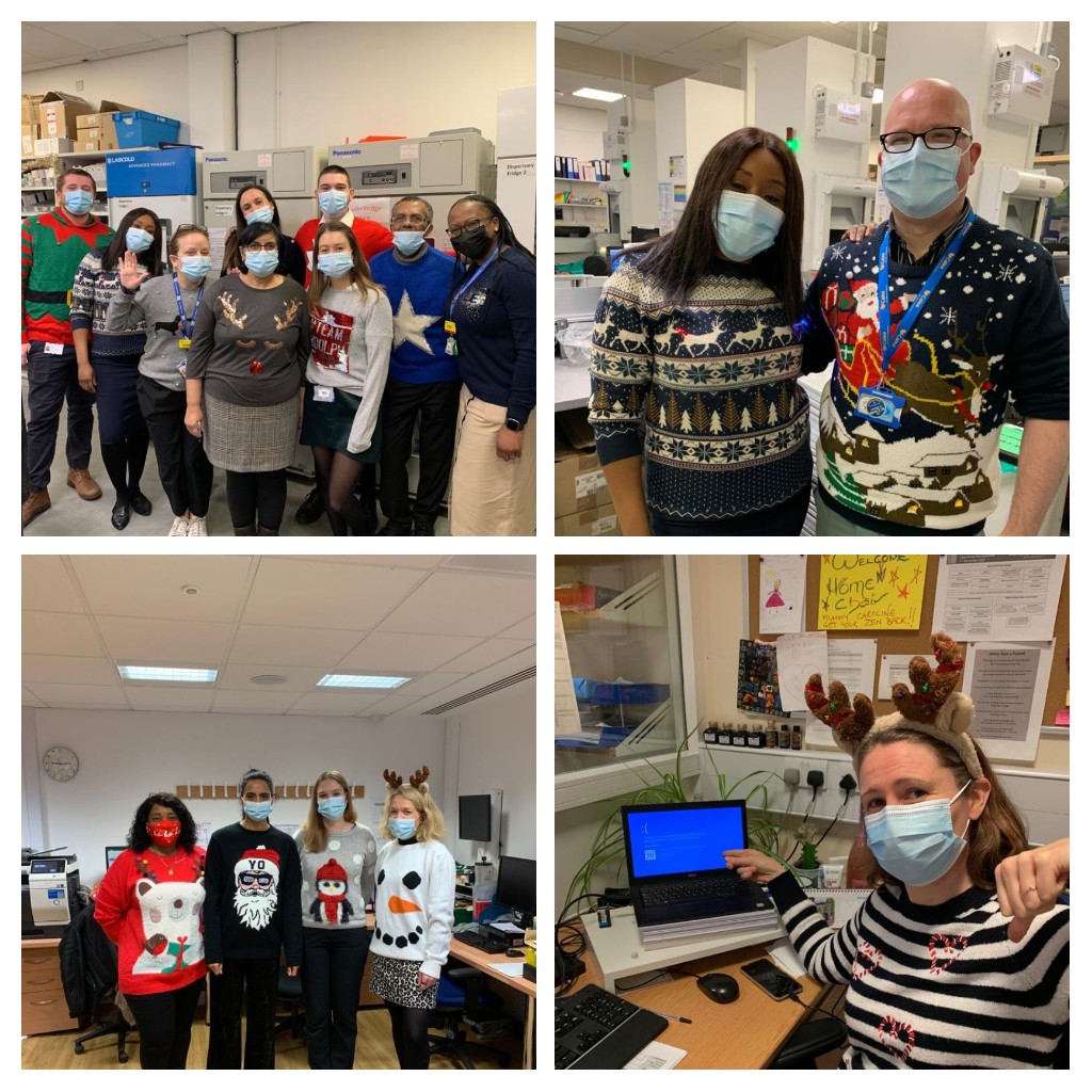 Just a small selection of the lovely Christmas jumpers in sight <a href="/KCHPharmacy/">King's College Hospital Pharmacy</a> today... Please donate £2 to support Save the Children by texting 70050 with code TEAMKCHPHARM or if you're <a href="/rogfds/">Roger Fernandes</a> please give your £2 to <a href="/katepineSTEP/">kate pine</a>