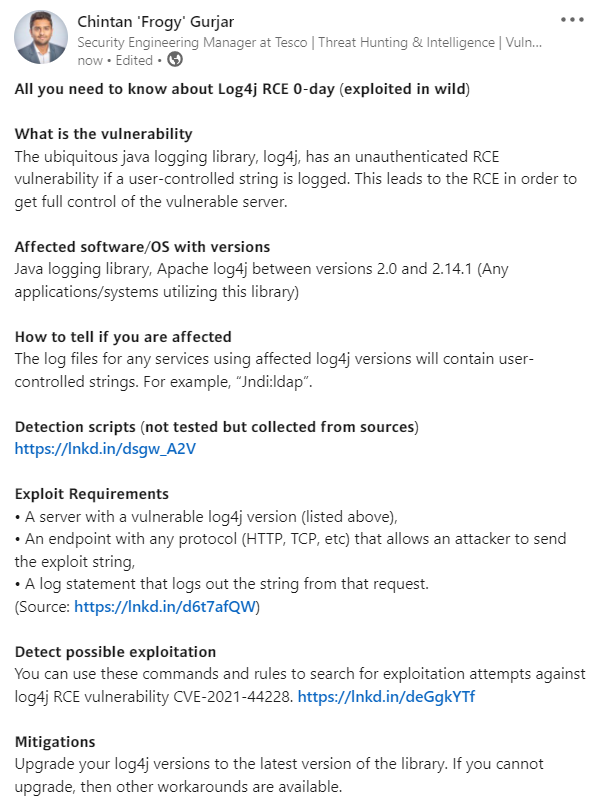 iamthefrogy's tweet image. 𝗔𝗹𝗹 𝘆𝗼𝘂 𝗻𝗲𝗲𝗱 𝘁𝗼 𝗸𝗻𝗼𝘄 𝗮𝗯𝗼𝘂𝘁 𝗟𝗼𝗴𝟰𝗷 𝗥𝗖𝗘 𝟬-𝗱𝗮𝘆 (𝗲𝘅𝗽𝗹𝗼𝗶𝘁𝗲𝗱 𝗶𝗻 𝘄𝗶𝗹𝗱)

#log4j #log4jrce #vulnerability #vulnerabilitymanagement #cybersecurity #security #informationsecurity