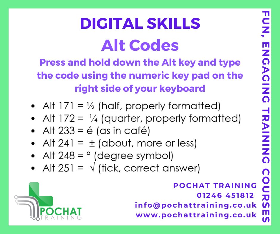 PochatTraining's tweet image. Want to use characters that are not on your keyboard?

HOW TO USE #ALTCODES:
Press and hold down the Alt key and type the code using the numeric key pad on the right side of your keyboard.

Here are a few that might be useful to you. There are many, many more!

#DigitalSkills