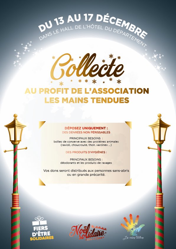 leloiret's tweet photo. #NoëlSolidaire ❤️🎅🏻 
Le #Loiret se mobilise pour venir en aide aux personnes les plus précaires et organise une collecte de produits alimentaires (denrées non périssables) et d’hygiène au profit de l’association Les Mains Tendues.
🤝 #FiersdÊtreSolidaires 
Infos ⤵️ https://t.co/FOiJKnl3JG