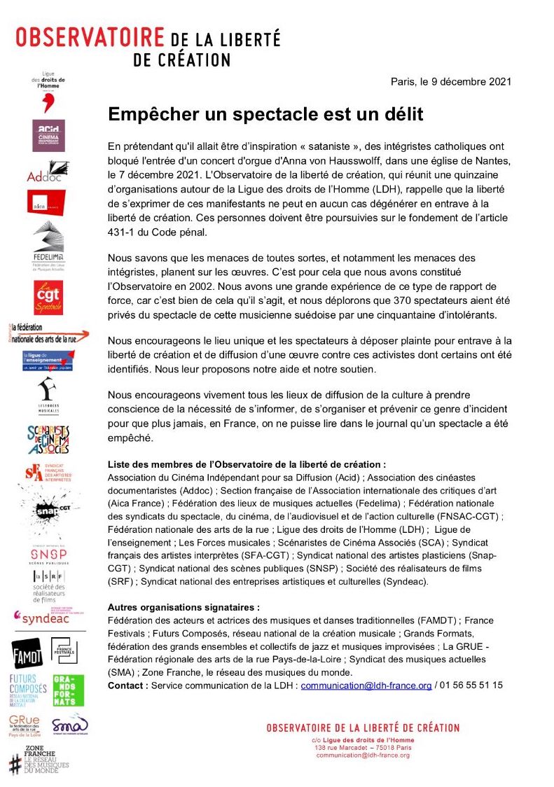 [COMMUNIQUÉ DE PRESSE] 
<a href="/FutursComposes/">FutursComposés</a> s'associe, signe &amp; relaie le communiqué de presse initié par l'Observatoire de la liberté de création de la Ligue des droits de l'Homme : Empêcher un spectacle est un délit.
bit.ly/3GtoM4j
#communiquedepresse #lieuuniquenantes